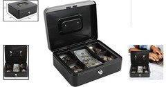 Stylish Black Cash Box with Key Lock & Five Compartment Coin Tray – 9.84″x7.87″