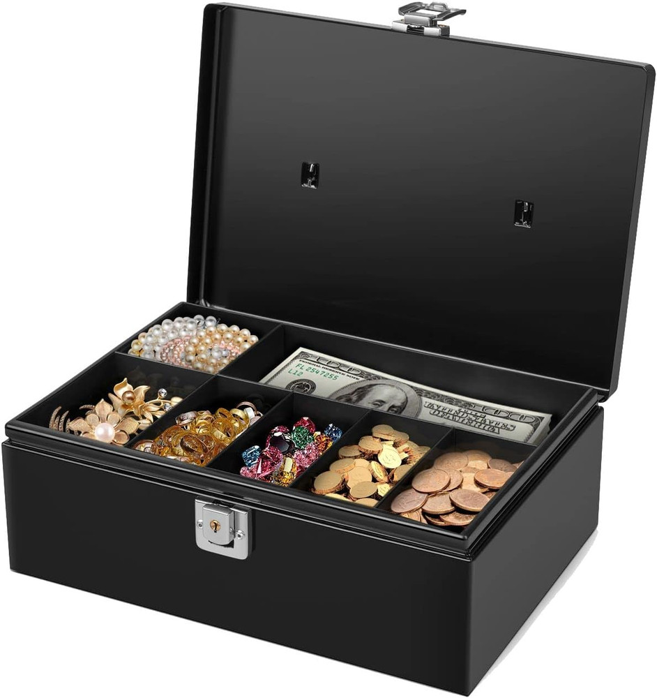 Cash Box with Money Tray and Lock – Metal Money Box for Cash Storage with Secure