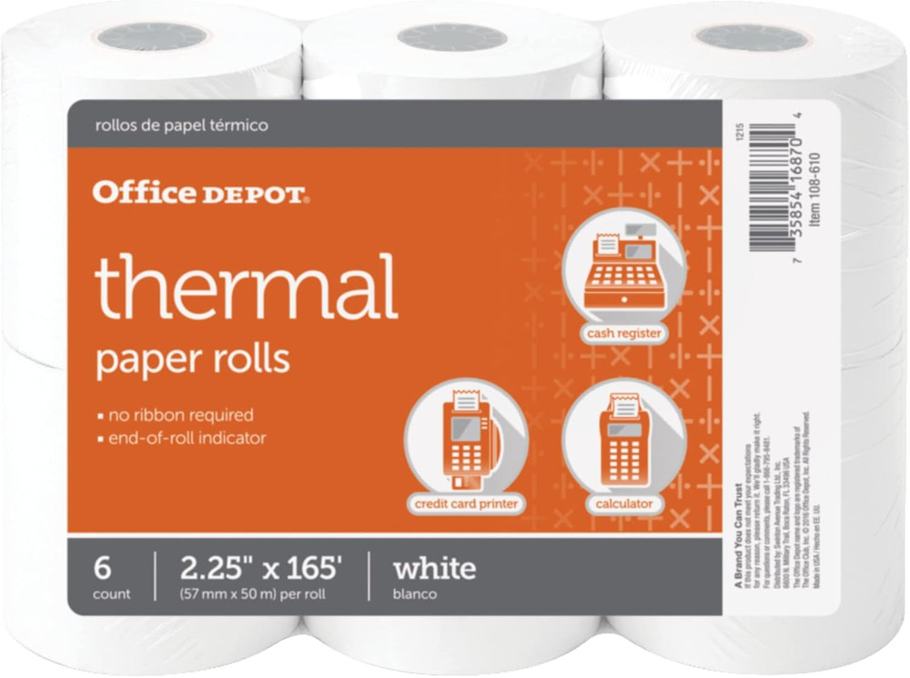 Office Depot Thermal Paper Rolls, 2 1/4In. X 165Ft., White, Pack of 6, 108610
