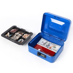 Blue Small Cash Box Combination Lock Metal Money Tray 7.87×6.3×3.54 Inch