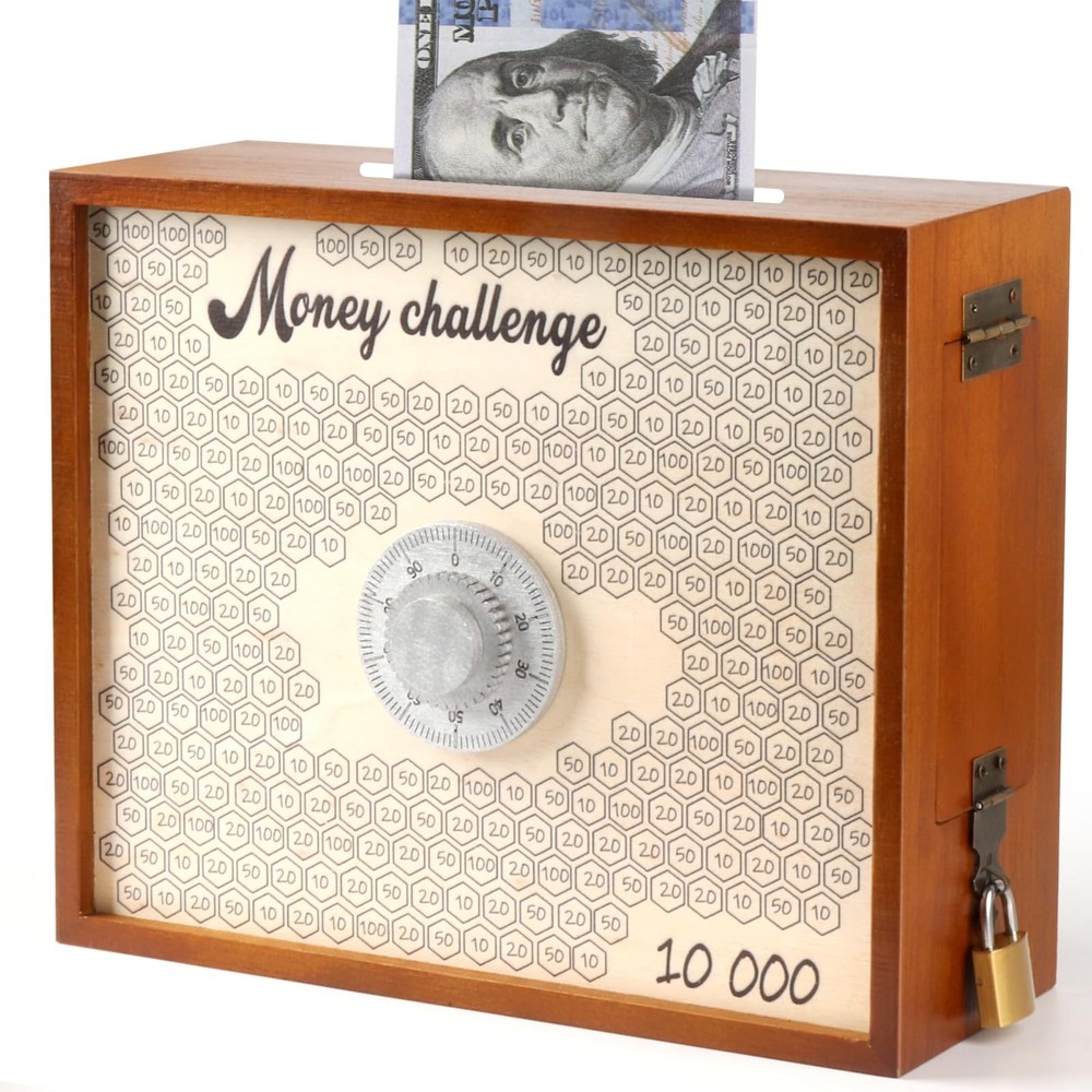 10000 Savings Challenge Box with Lock, Large Wooden 10k Money Saving Box Save…
