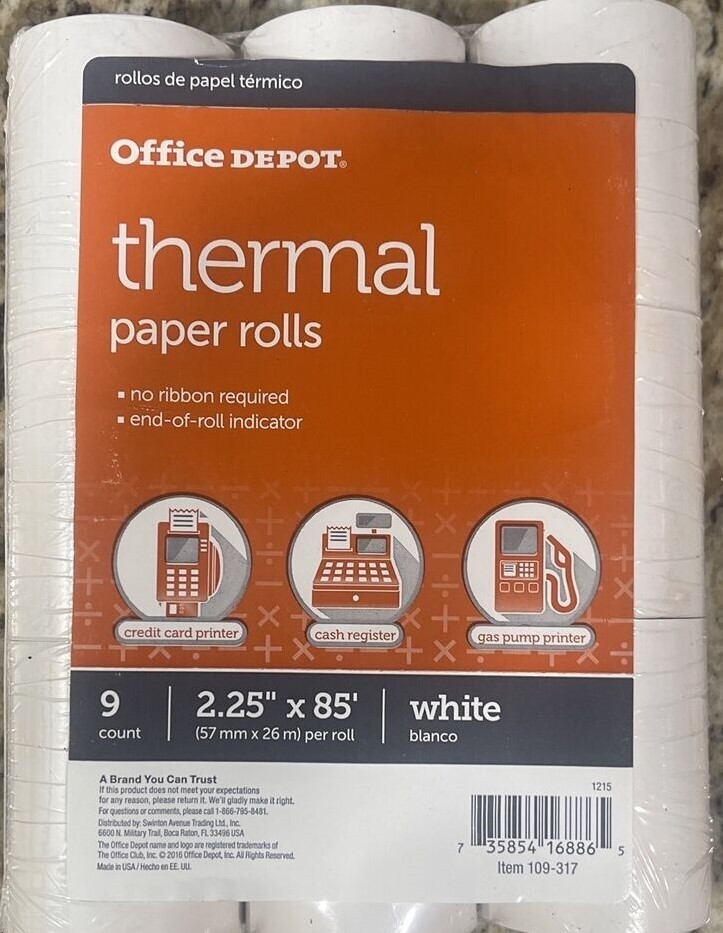 Office Depot Thermal Paper Rolls 2 1/4IN X 85FT White Package Of 9