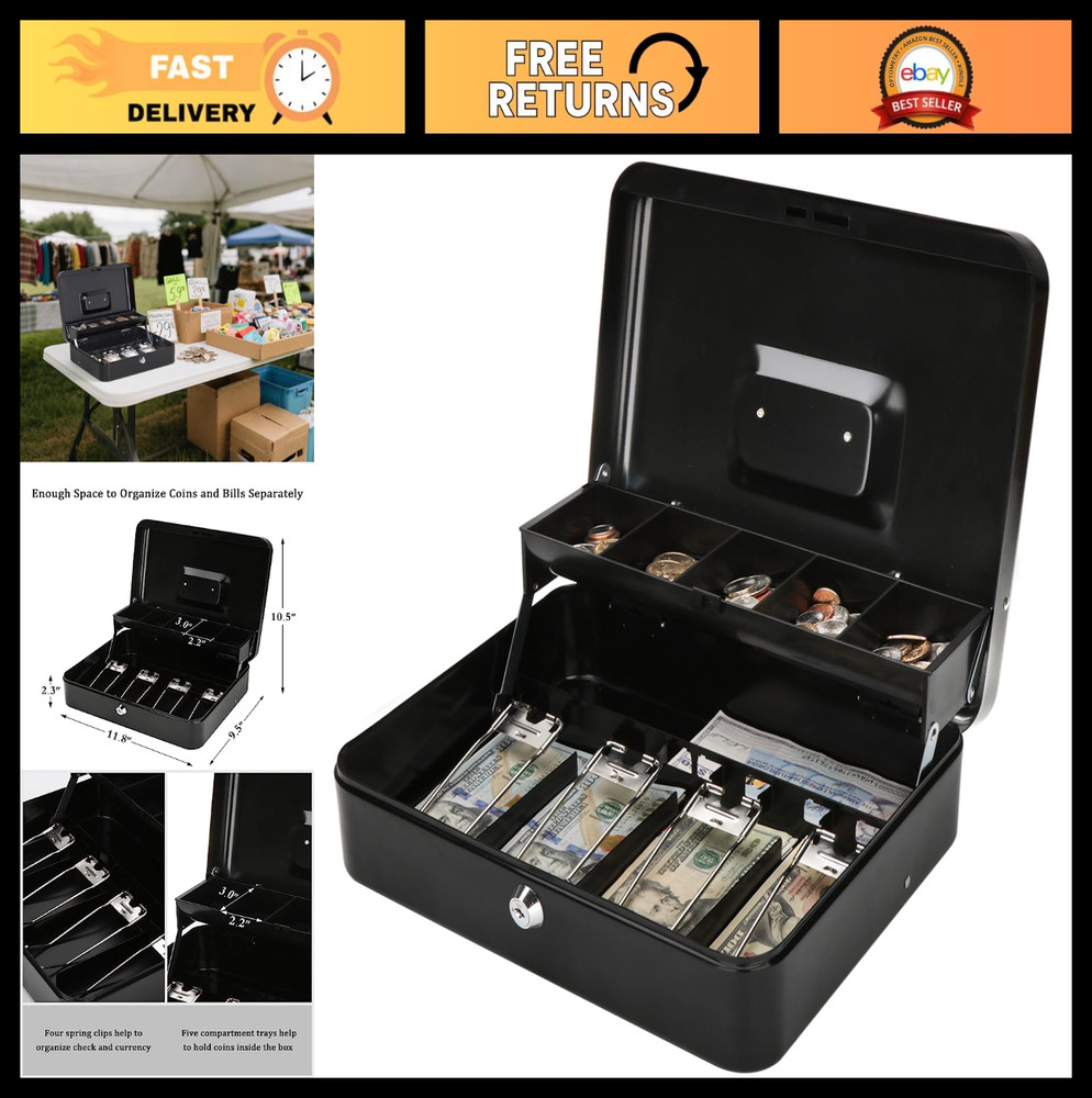 Large Cash Box with Key Lock & Money Tray – Secure Cash Organizer, 11.8″ x 9.5″