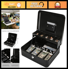 Large Cash Box with Key Lock & Money Tray – Secure Cash Organizer, 11.8″ x 9.5″