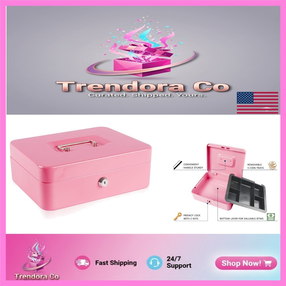 Elegant Pink Large Metal Cash Box with Double Storage & Key Lock – 9.84″x7.87″