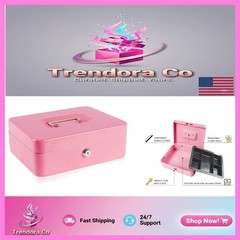 Elegant Pink Large Metal Cash Box with Double Storage & Key Lock – 9.84″x7.87″
