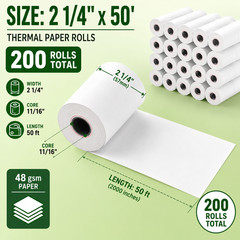 2 1/4×50 200 Rolls Thermal Receipt Paper Rolls POS Cash Register Printer
