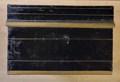Vtg. ’20s-’30s Black Metal Bankers Cash Document Lock Box w/ Key Red & Gold Trim