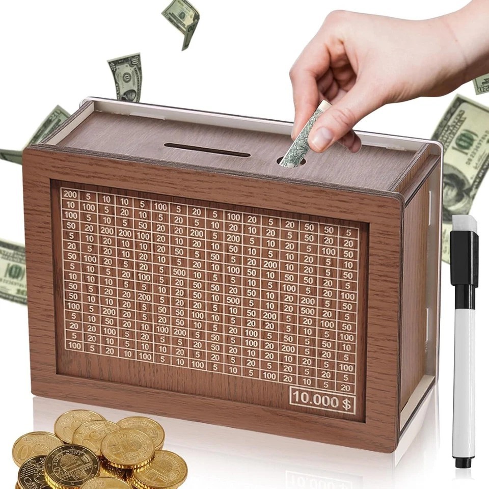 $10000 Money Saving Challenge Box Cash Vault Wooden Savings Box Cash Saver w/pen