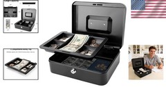 Black Cash Box with Key Lock and Removable Tray – Perfect for Home or Office
