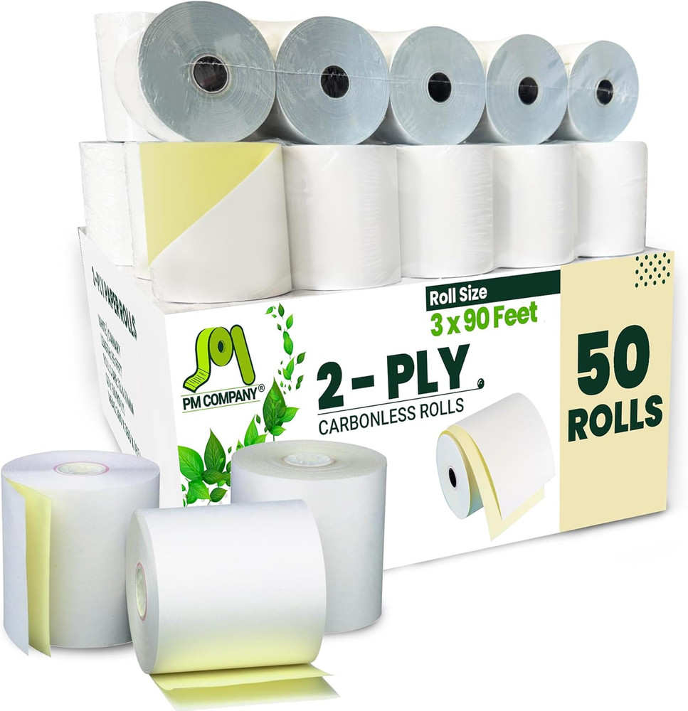2 Ply Pos/Cash Register Rolls, 3 Inches X 90 Feet, White/Canary, 50 per Carton (
