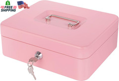 Pink Cash Box with Money Tray and Lock, Metal Money Box for Cash, Lock Box for M
