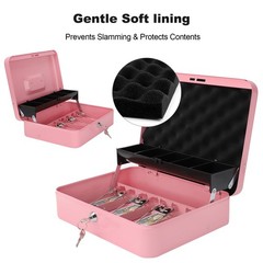 Pink XLarge Metal Cash Box Money Tray Key Lock Safe Organizer 11.8×9.5×3.5″