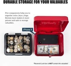 Stylish Red Medium Cash Lockbox with Key & Multiple Compartments for Organizing