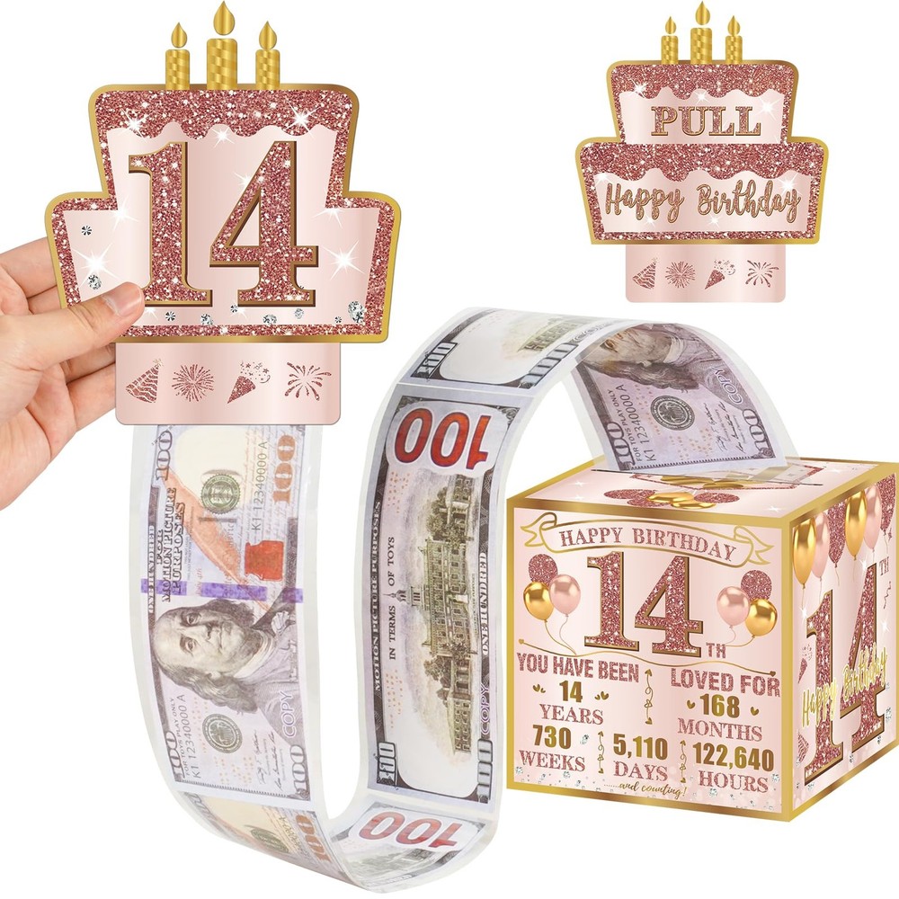 14th Birthday Pink Rose Gold Pull Out Money Cash Gift Box Present Decoration