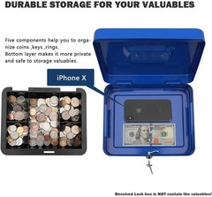 Large Blue Lock Box with Money Tray Safe Metal Cash Storage 9.84×7.87×3.54 in…