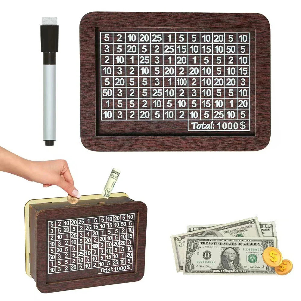Wooden Money Savings Challenge Box $10000 $5000 $1000 DIY Reusable Piggy Bank