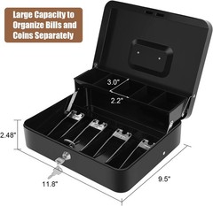 Cash Box with Tray Metal Locking Black New