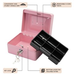 Steel Cash Box with Key Lock, Metal Small Money Pink – 5.9″ x 3.1″ x 4.7″
