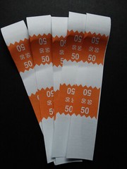 5 – Orange $50 Cash Money Self-Sealing Straps White Saw Tooth Currency Bands