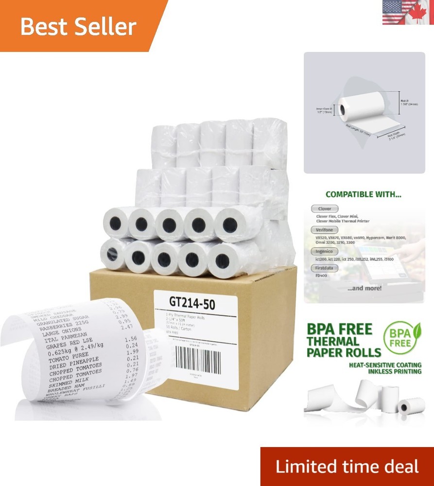 50 Rolls of 2-1/4″ x 50′ Biodegradable Thermal Paper – Inkless Printing