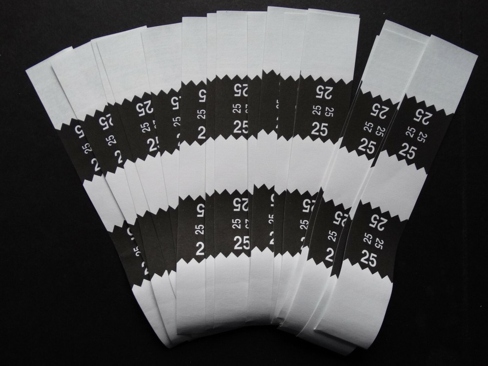 20 – Black $25 Cash Money Self-Sealing Straps White Saw Tooth Currency Bands
