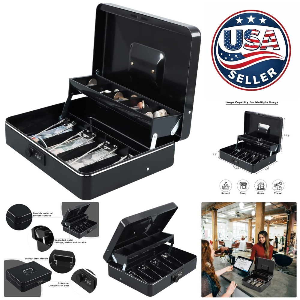Durable 11.8″ Freestanding Cash Box with Combination Lock and Money Organizer