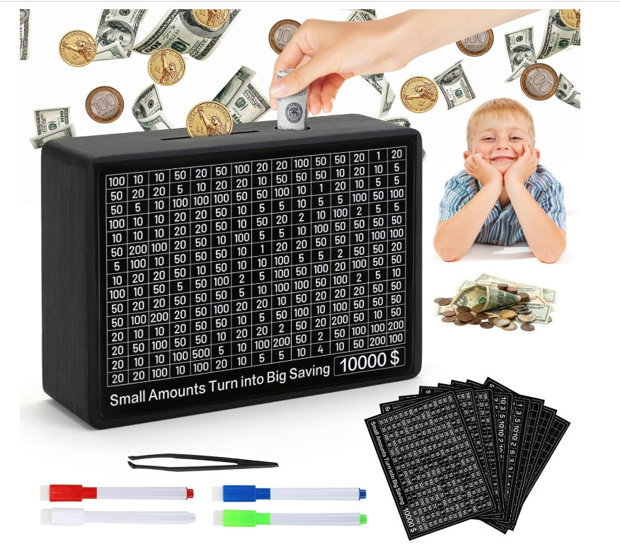 Cash Vault Wooden Money Box Money Savings Challenge Box with Saving Targets Coin
