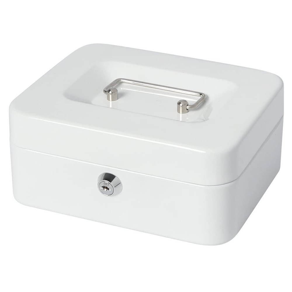 White Small Metal Cash Money Box Tray Lock Safe Storage 7.87×6.3×3.54 Inch