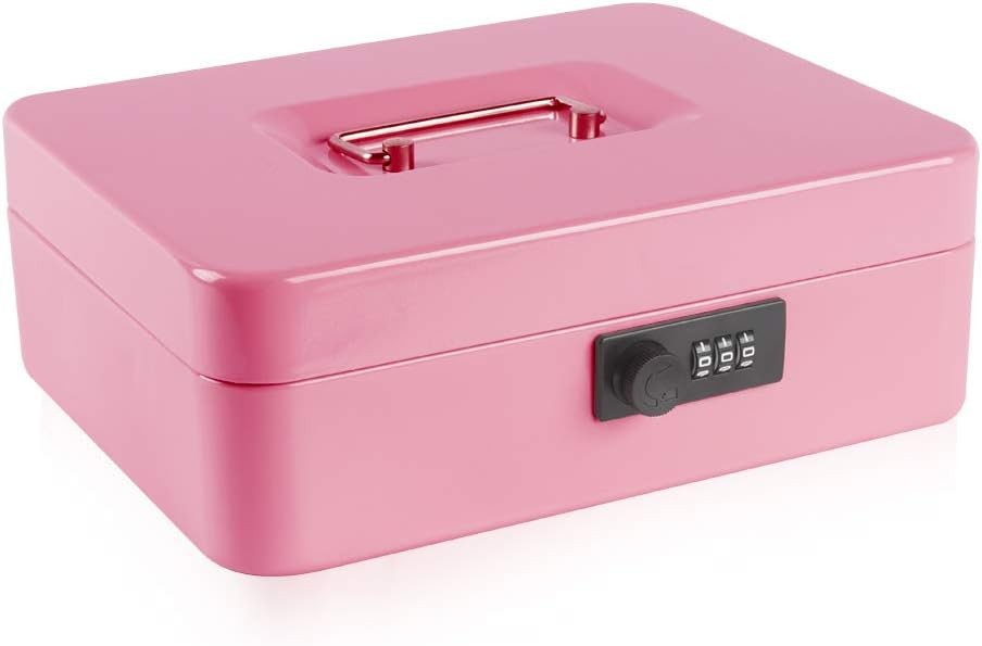 Large Pink Unbreakable Cash Box with Advanced Combination Lock and Money Tray