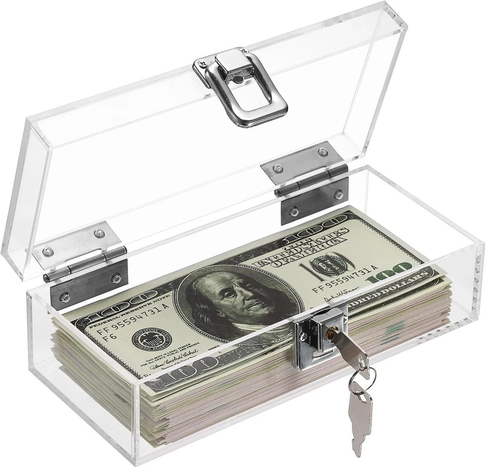 Lockable Money Storage Box Clear Acrylic Cash Holder with Key Lock Cash Organ…
