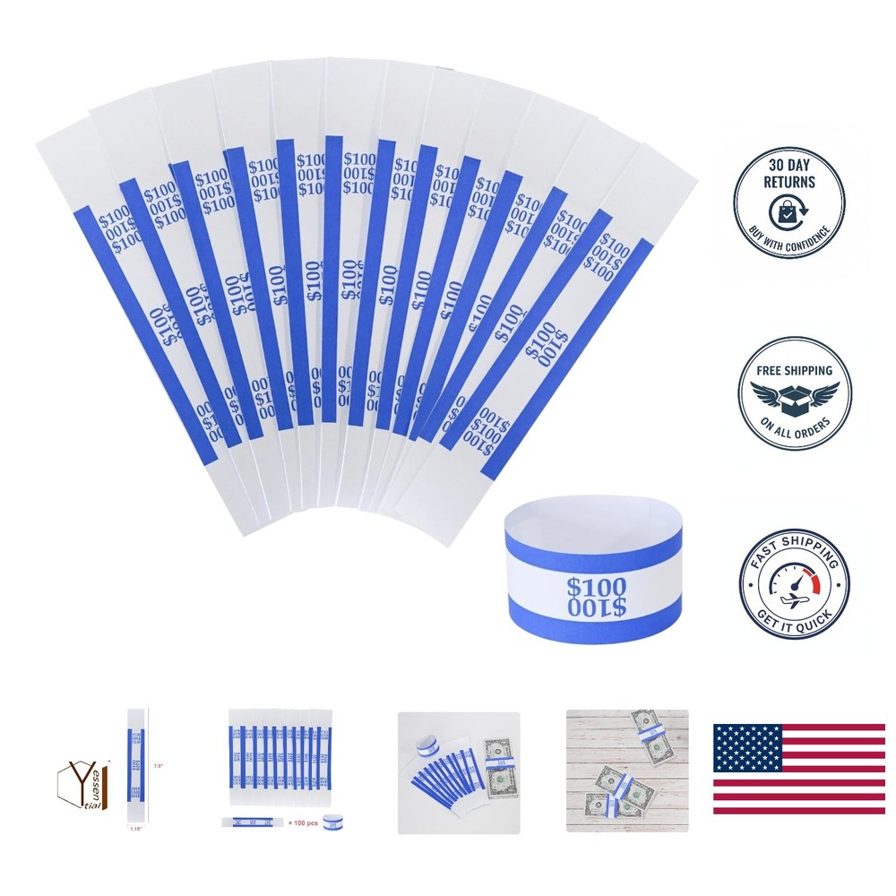 Effortless Bill Organization: Blue $100 Currency Straps – 7.5 x 1.15 Inches