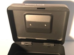 Honeywell black steel cash box with removable tray 8 x 6 x 3 1/2 in.