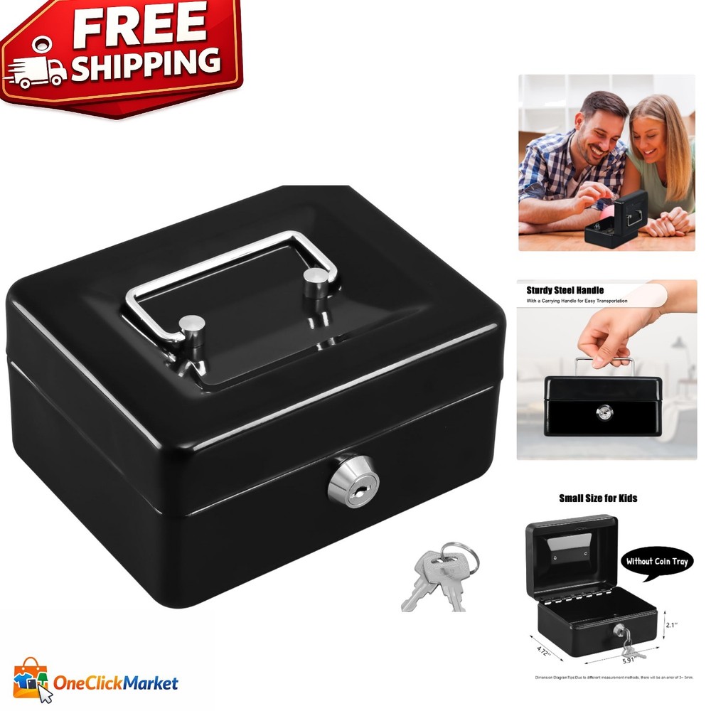 Compact Black Cash Box with Key Lock – Portable Safe for Business & Home Use