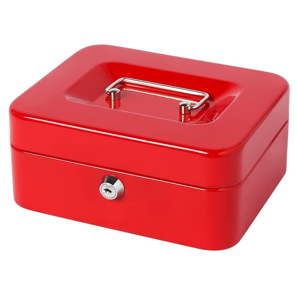 Small Metal Cash Box Money Tray Key Lock 7.87×6.3×3.54 Inch Safe Lockbox Red