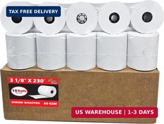 (10 Rolls) 3 1/8 x 230 Thermal Paper Receipt Rolls (60 GSM) Fits All POS Cash Re
