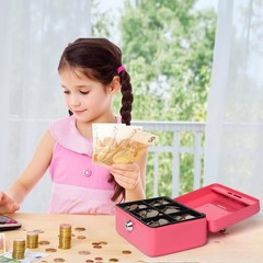 Small Cash Box with Money Tray – Metal Lock box for Kids 5.9″ x4.7″ x 3.2″ Pink