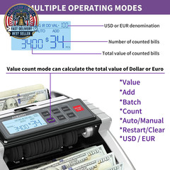Money Counter Machine with Value Count, Dollar, Euro UV/MG/IR/DD/DBL/HLF/CHN Cou