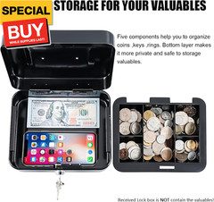 Medium Cash Box with Money Tray,Small Safe with Key,7.87″x 6.30″x 3.54″ Black