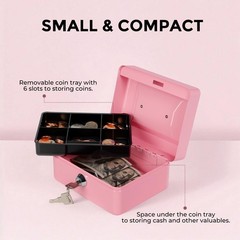 Small Cash Box Money Tray Lock Key Petty Metal Bank 5.9×4.7×3.1 Inch Pink