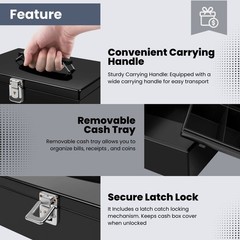 Cash Box with Money Tray and Lock – Metal Money Box for Cash Storage with Sec…