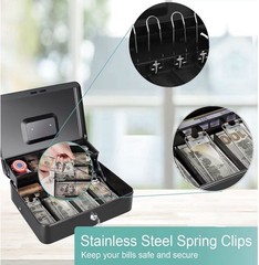 Large Lockable Cash Box with Money Tray & Key, Black, 11.8×9.45×3.54
