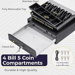 13″ Cash Register Drawer for POS System, 2-Tier Tray, 4 Bill 5 Coin, Key-Lock