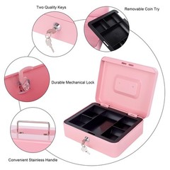 Pink Large Metal Cash Box Key Lock Removable Money Tray 9.8×7.9 Inch Hub