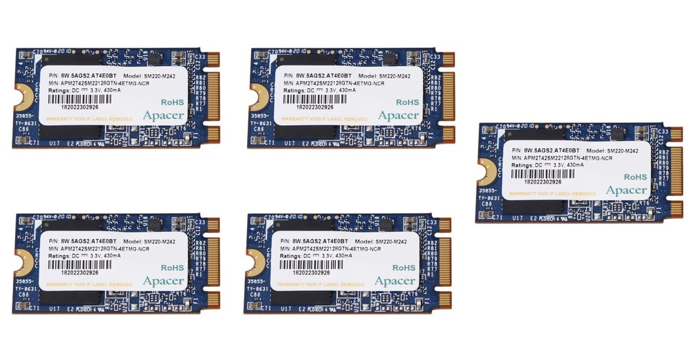 Box of 5 Apacer SSD: SM220-M242 42mm M.2 NVME 128GB SSD, 6Gb/s, ECC, Industrial