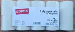 Staples POS Rolls, 2-Ply, 2-3/4″ x 90′, 10/Pack (452174)