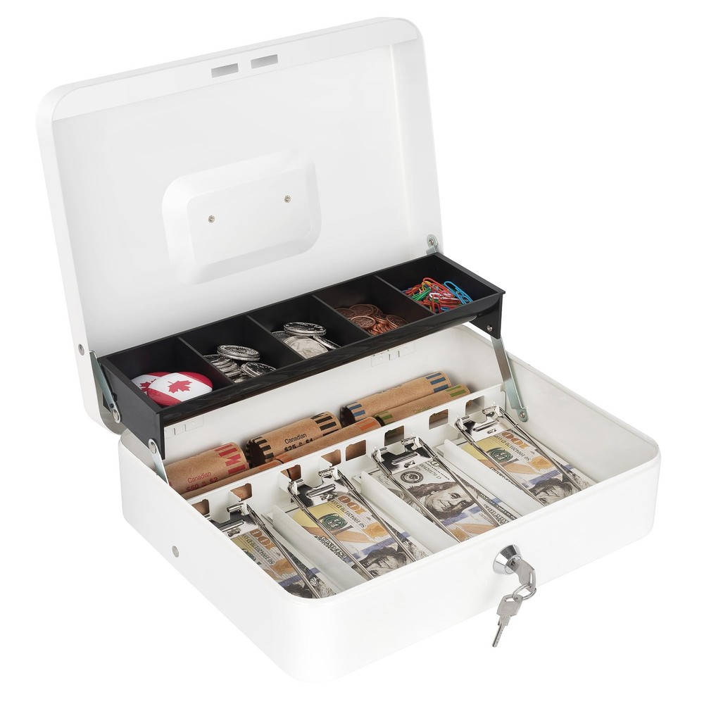 Cash Box Lock Money Tray Metal Safe Register 11.8×9.4×3.54 Inch White Large