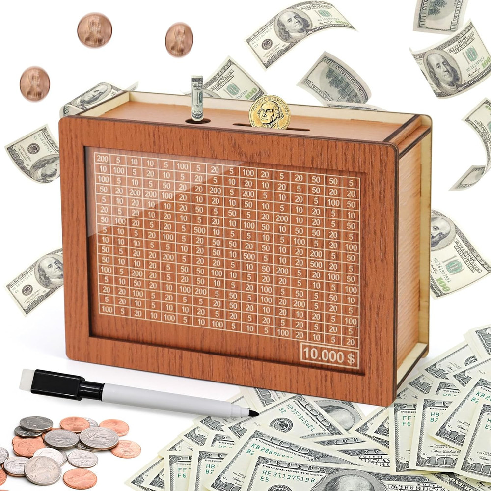Money Saving Box 10k Cash Vault Savings Challenge Box for Adults,10 000 Wooden P