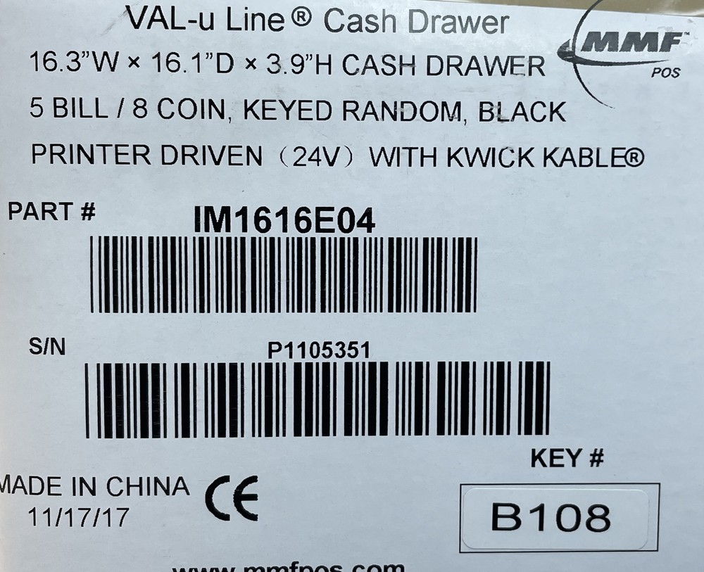 MMF Val-U-Line POS Cash Drawer 16″ X 16″ Black 5 bill 8 coin, w/ keys and cable.