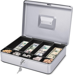 Cash Box with Money Tray and Lock – Metal Cash Box for Small Businesses, 9-Compa